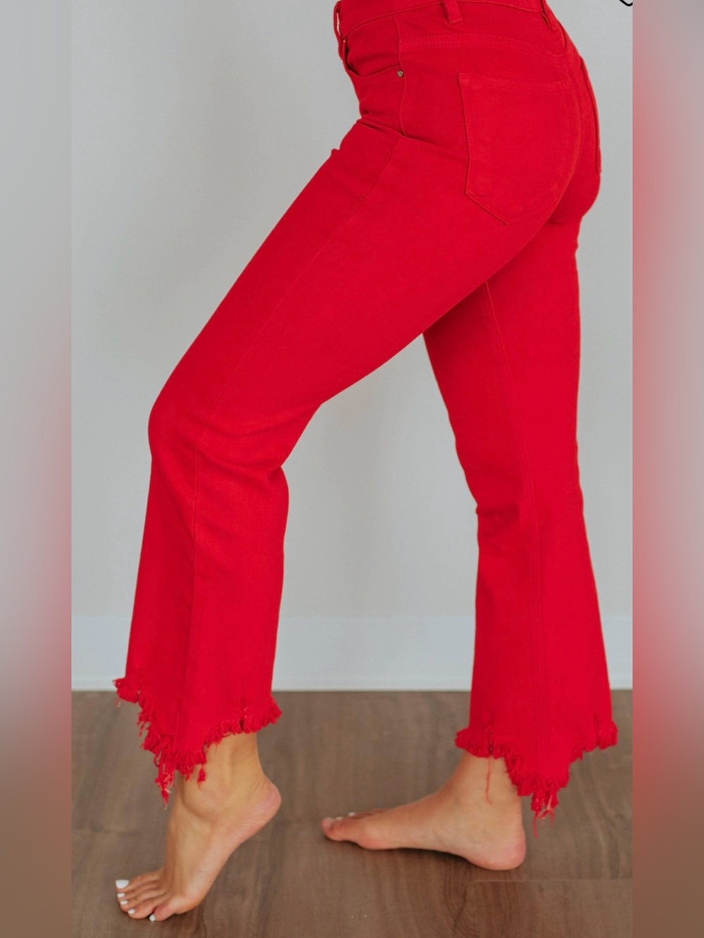 Neona Risen Women’s Watermelon Red Flare Jeans with Frayed Hem - Picture 2 of 9